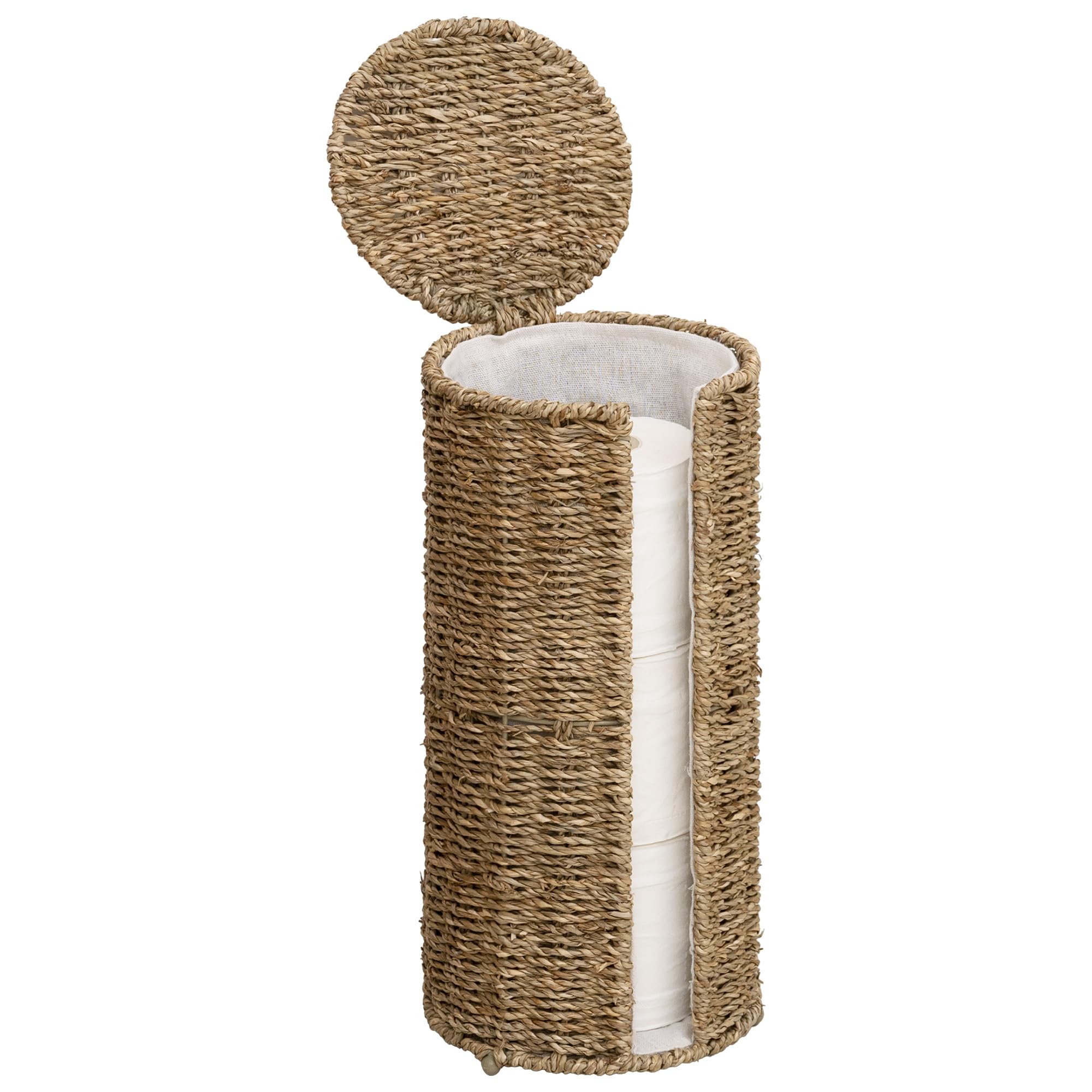 StorageWorks seagrass holder in a bathroom corner for quick roll access