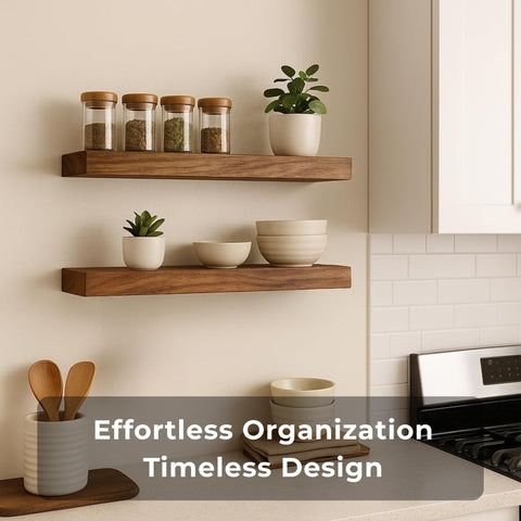 Store Indya floating shelves displaying books and plants for organized room