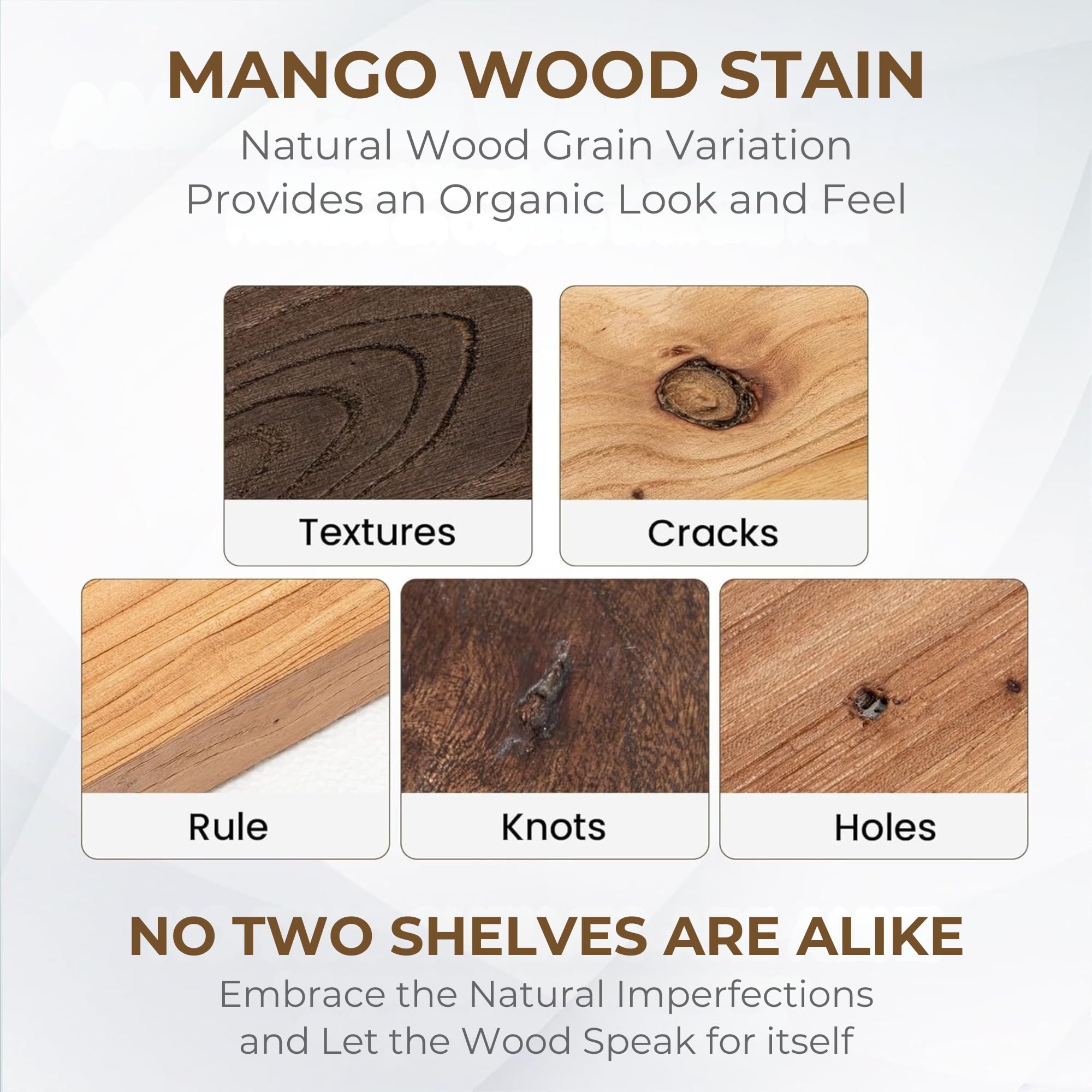 Store Indya mango wood shelf close-up reveals warm natural grain