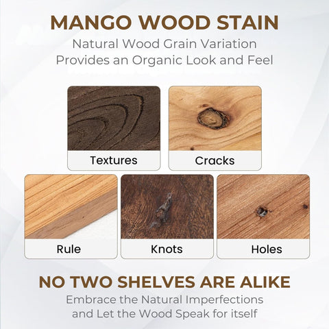 Store Indya mango wood shelf close-up reveals warm natural grain