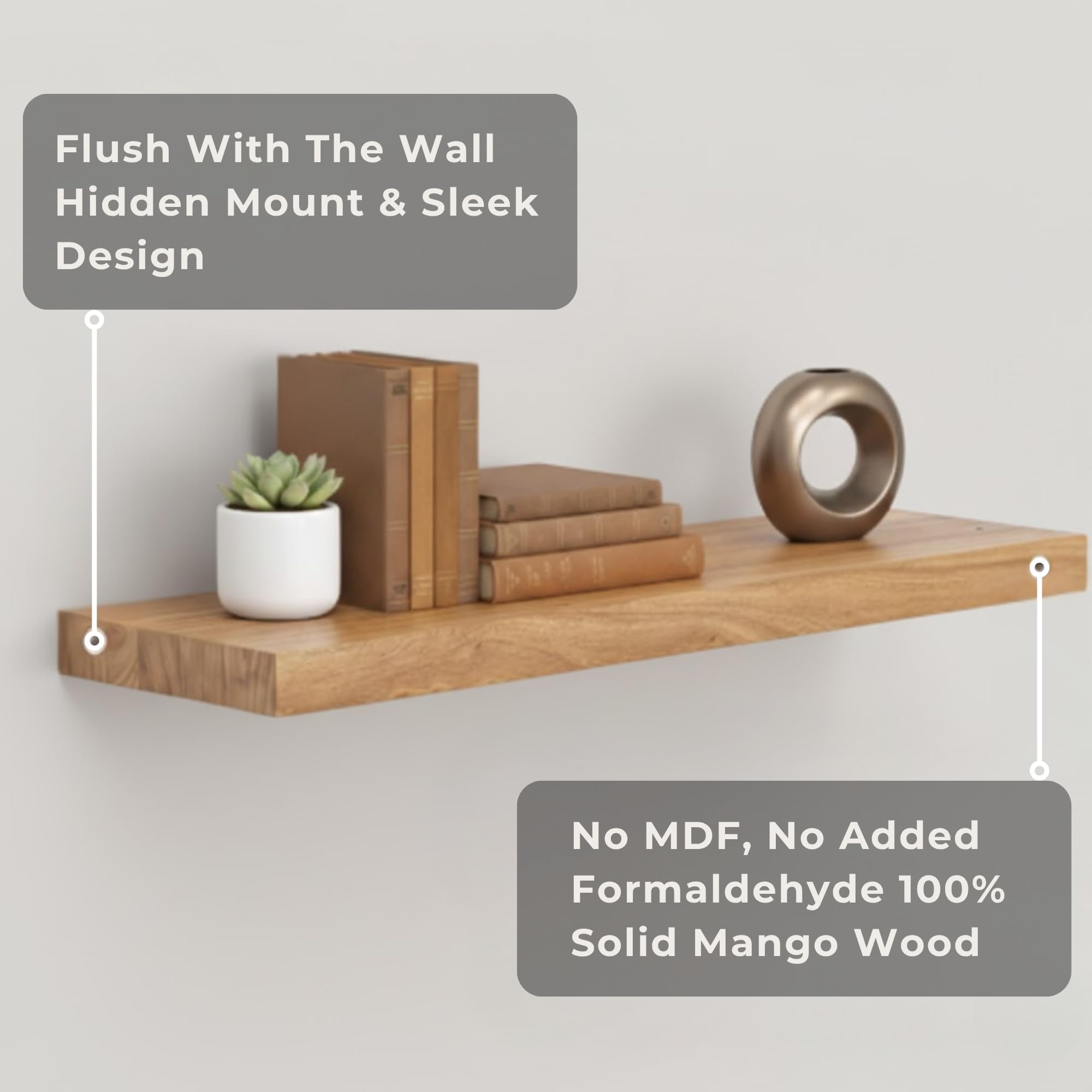 Store Indya solid wood floating shelves with iron hinges close-up highlights durable hardware