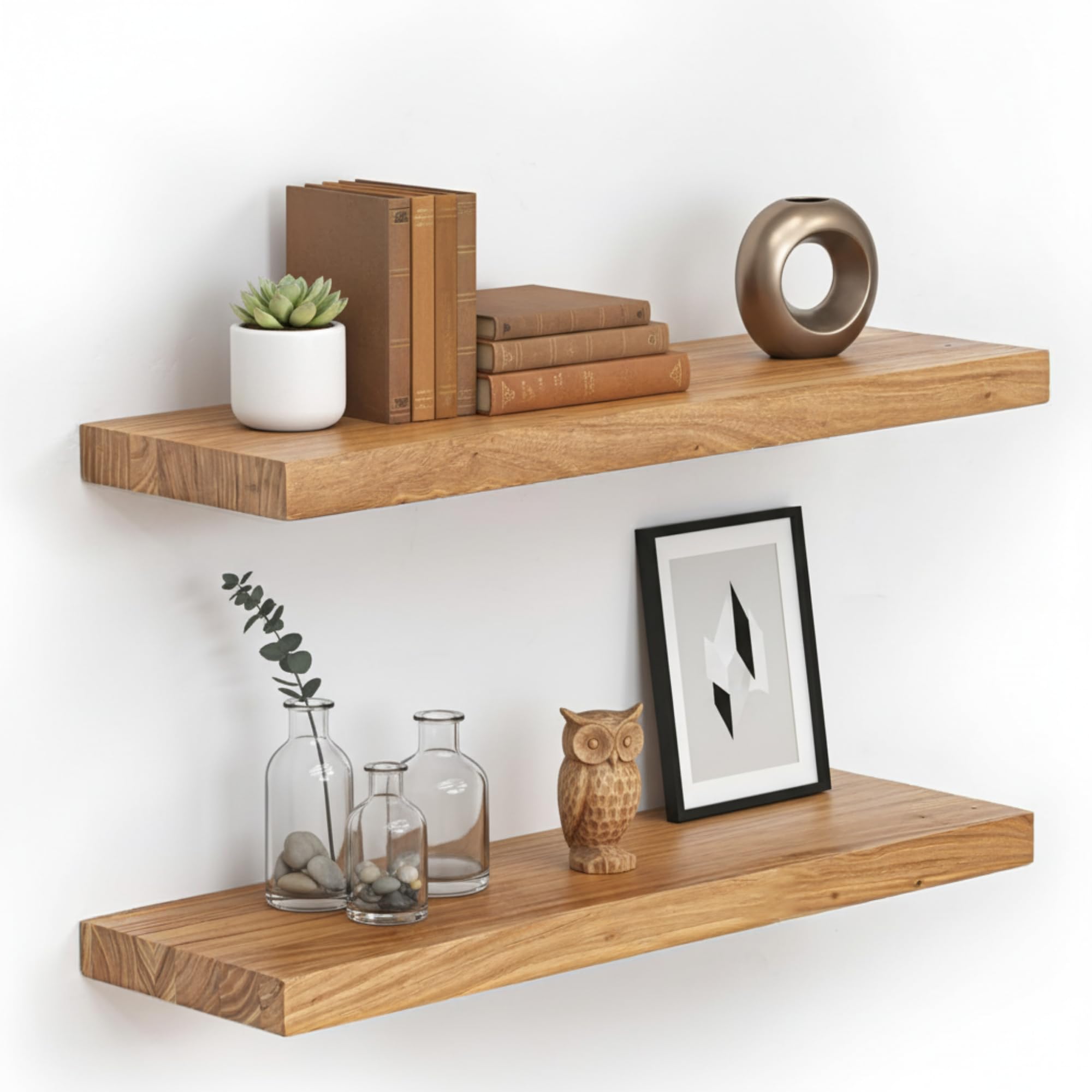 Store Indya solid wood floating shelves set 2 front view showing rustic texture for display