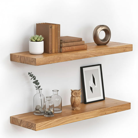Store Indya solid wood floating shelves set 2 front view showing rustic texture for display