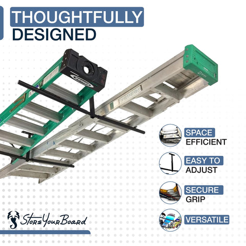 Stores up to 150 pounds to accommodate most ladders.