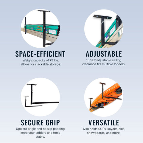 StoreYourBoard 75 lb capacity supports ladders securely overhead.