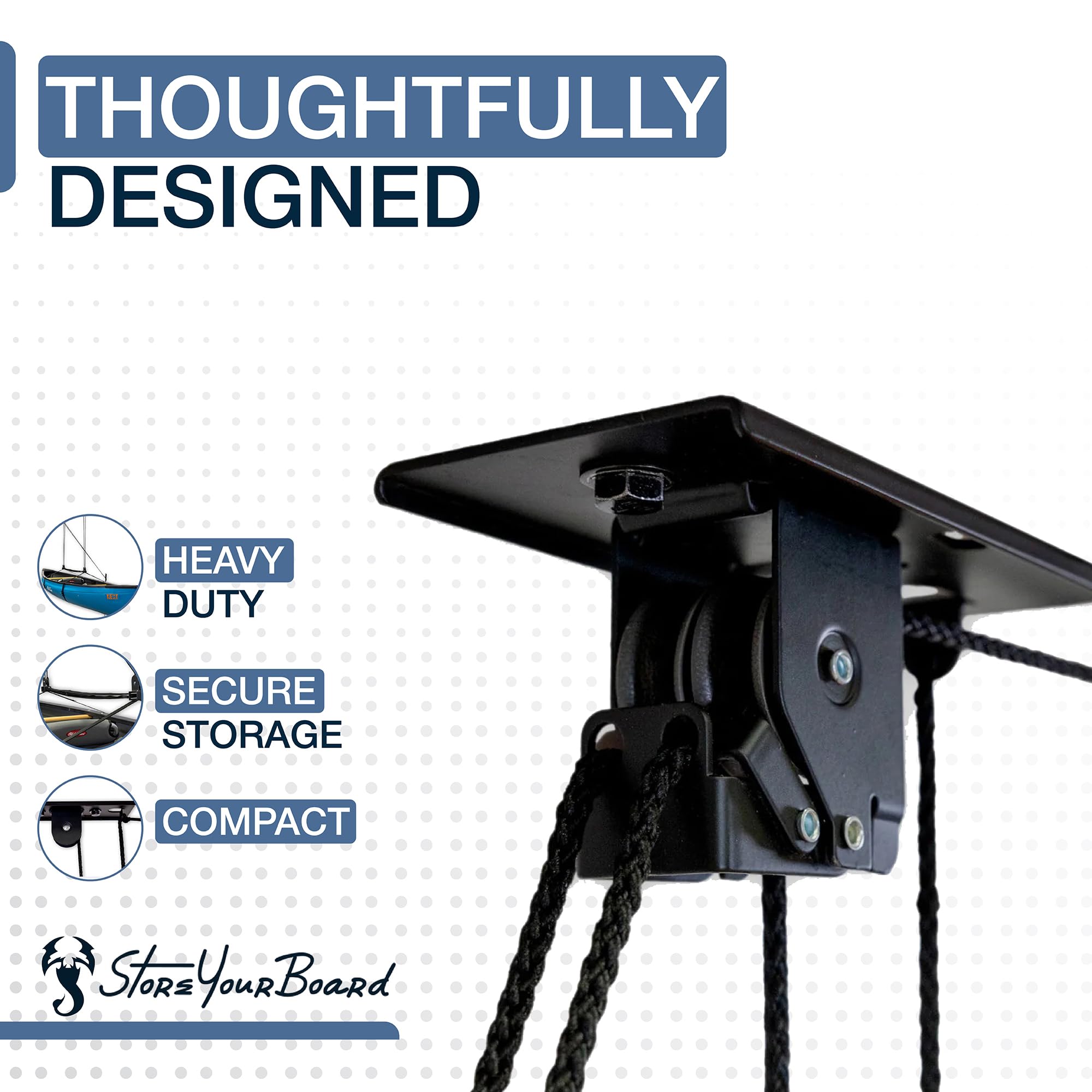 StoreYourBoard 8–10 ft ceiling fit supports versatile garage storage.