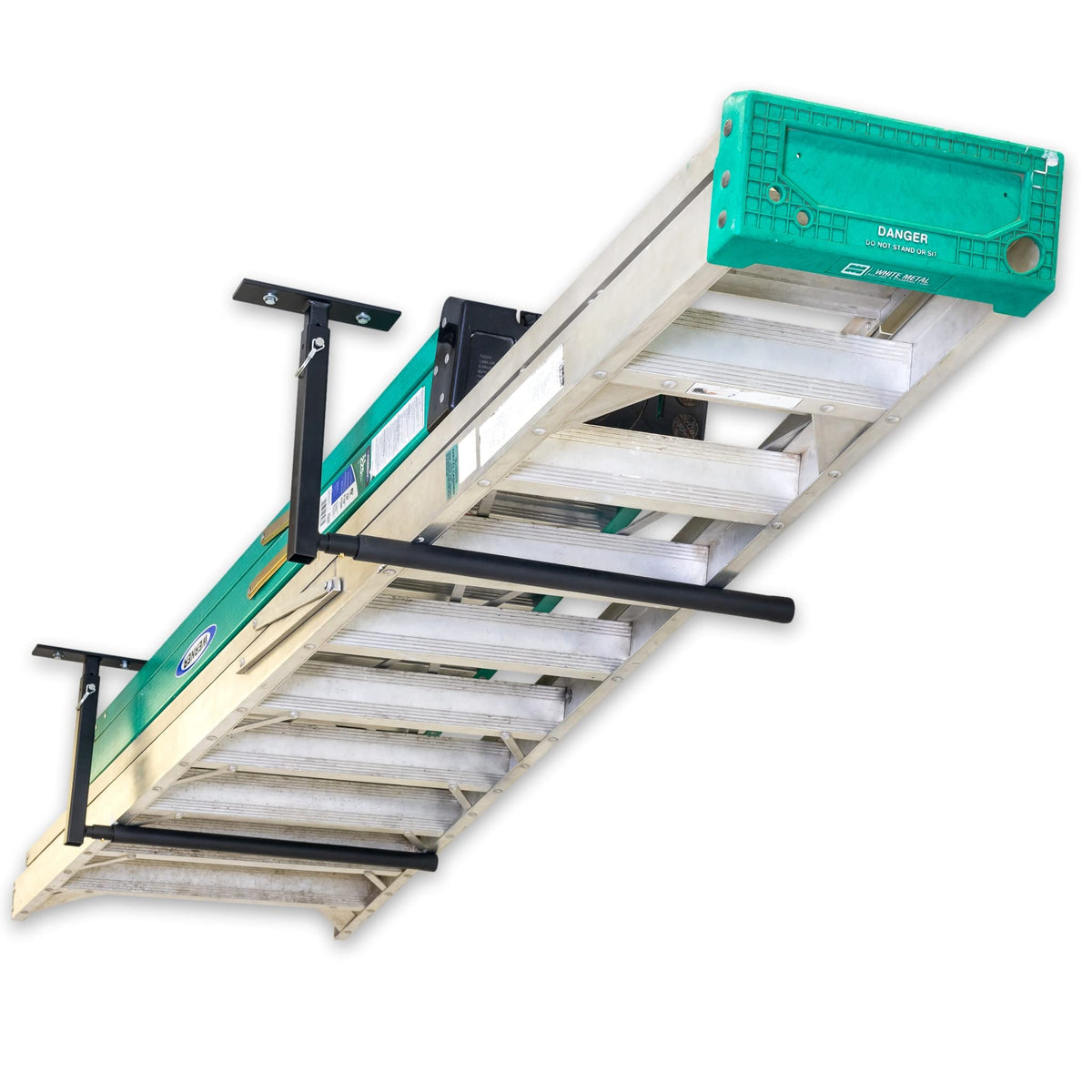 StoreYourBoard adjustable overhead ladder rack mounted for ceiling storage.