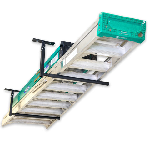 StoreYourBoard adjustable overhead ladder rack mounted for ceiling storage.
