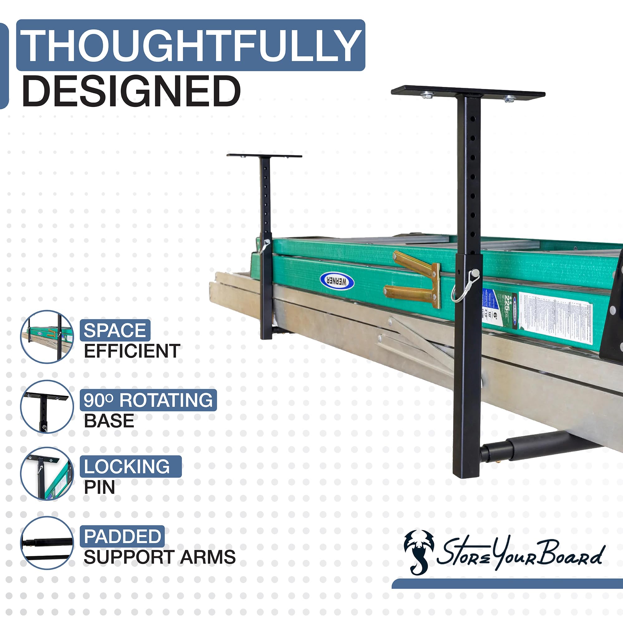 StoreYourBoard ceiling mount plate secured for ladder overhead storage.