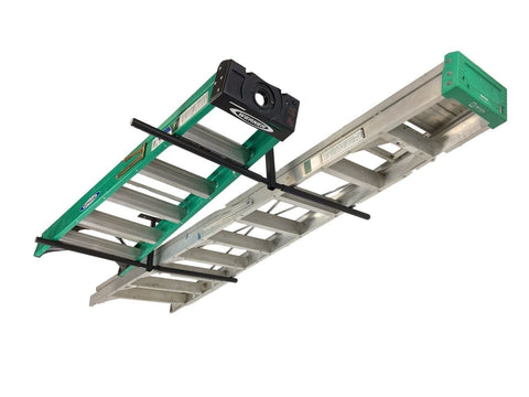 StoreYourBoard ceiling-mounted ladder rack holds ladders, freeing garage floor space.