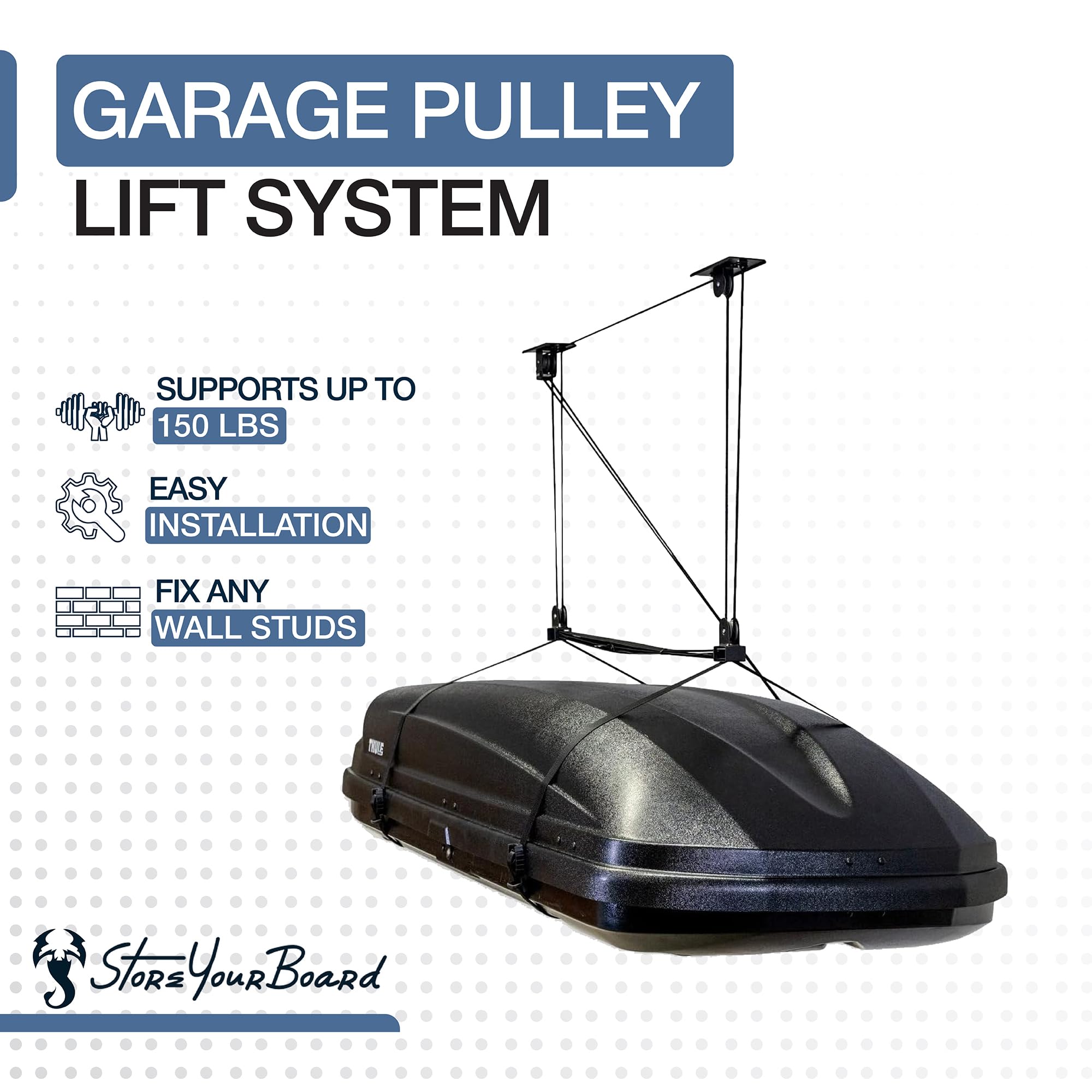 StoreYourBoard center connecting strap ensures balanced, safe hoisting.