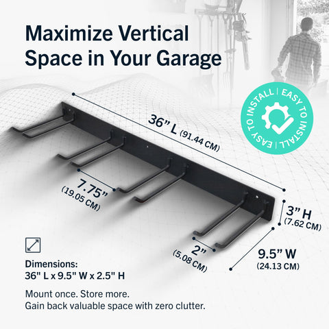 StoreYourBoard wall-mounted rack 4-hooks shown in a garage setup for organized storage.