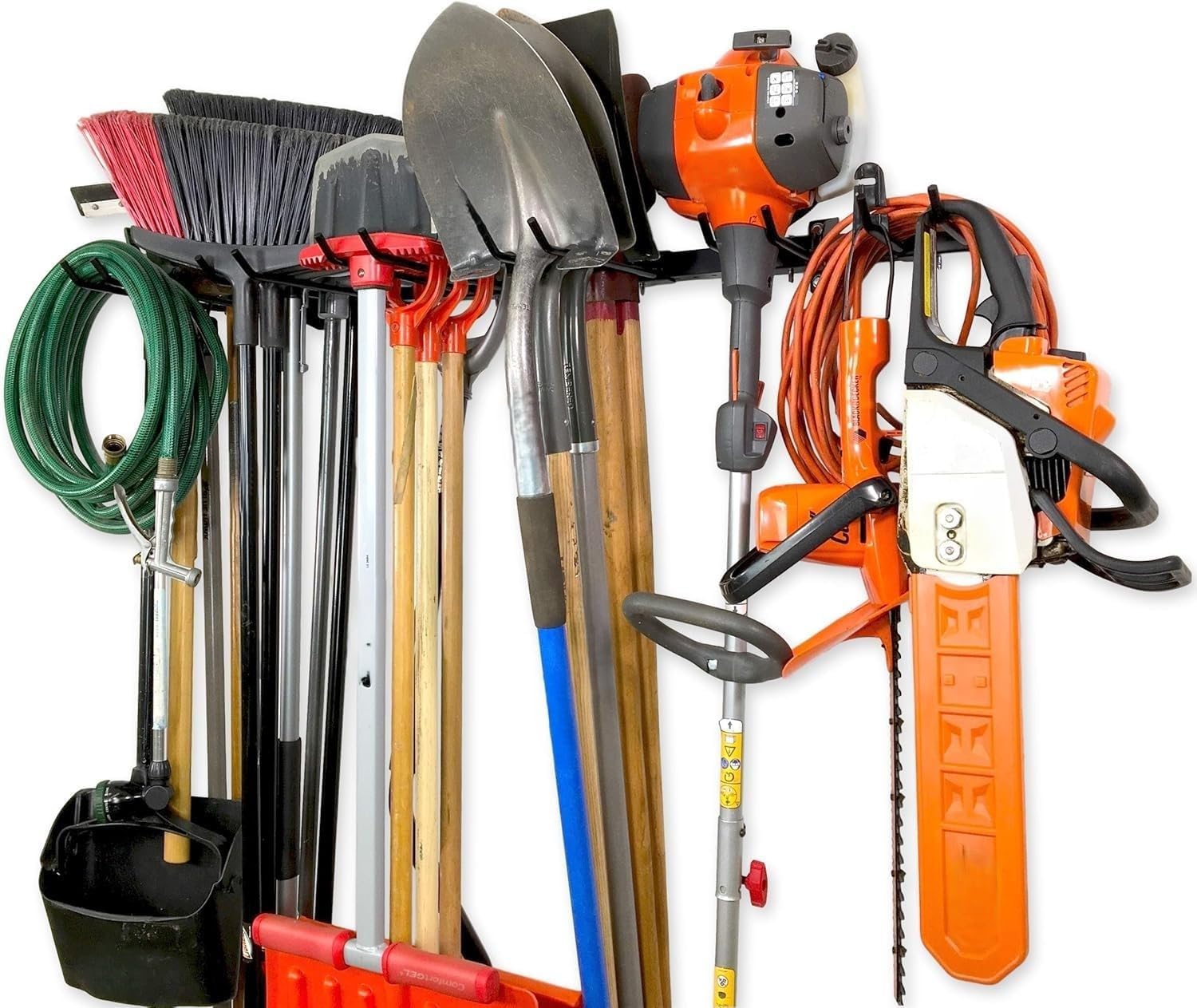 StoreYourBoard wall mount organizes garden tools like shovels and rakes.