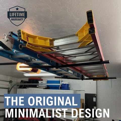Heavy-duty steel construction supports ladders securely.