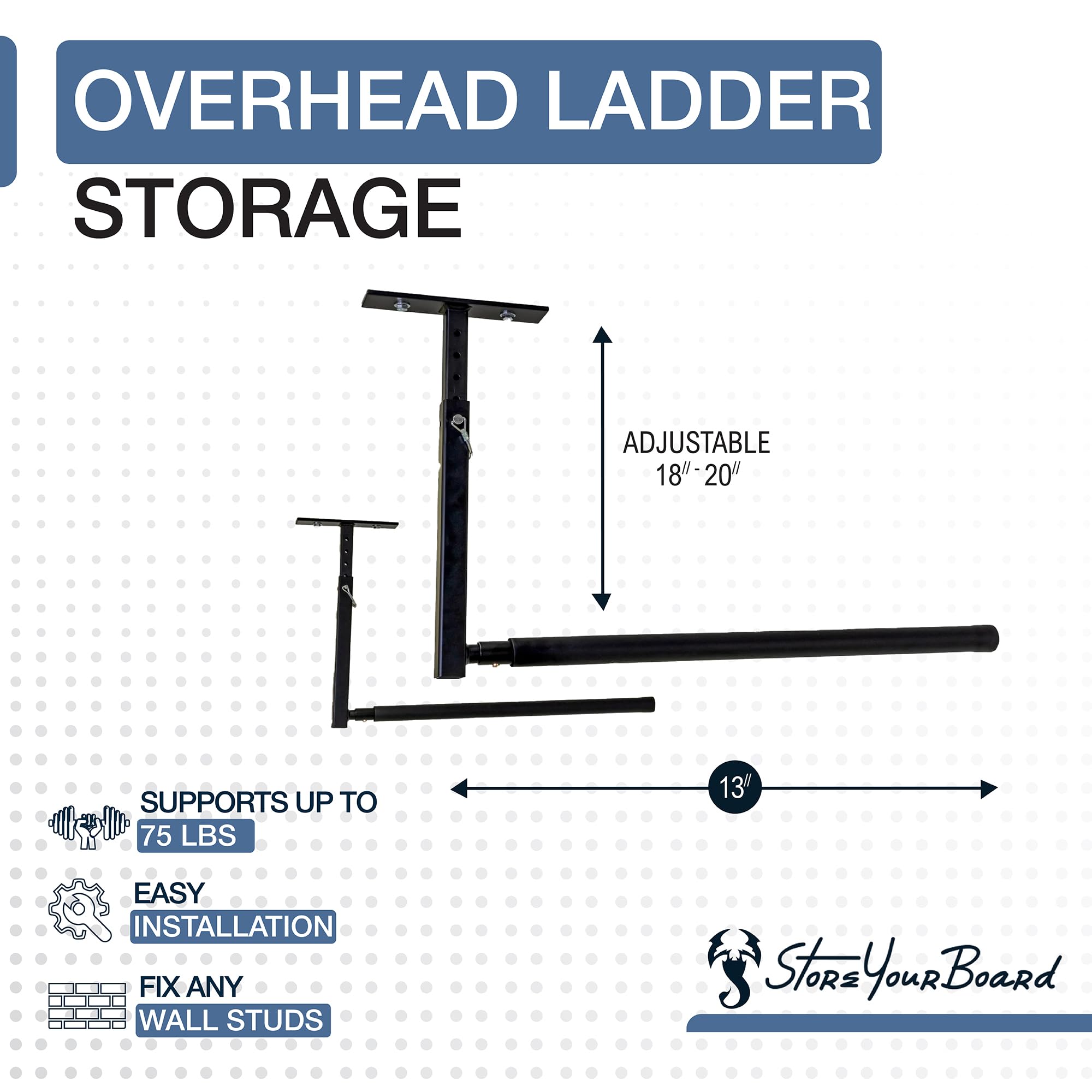 StoreYourBoard adjustable height rail enabling versatile ladder placement.