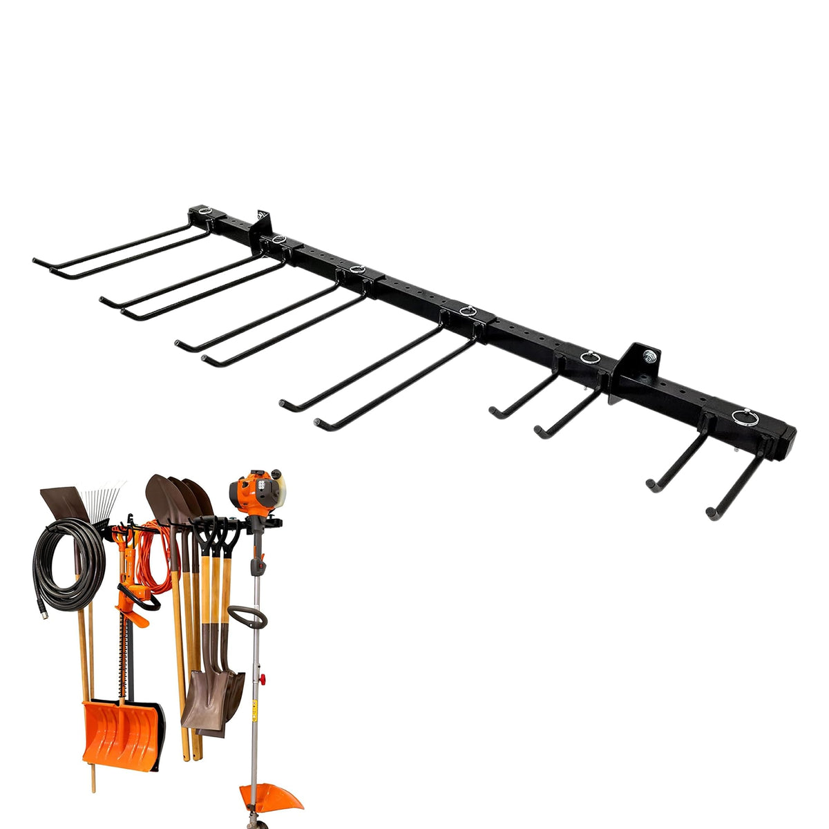 StoreYourBoard tool storage rack wall-mount with hooks for organized garage tasks.