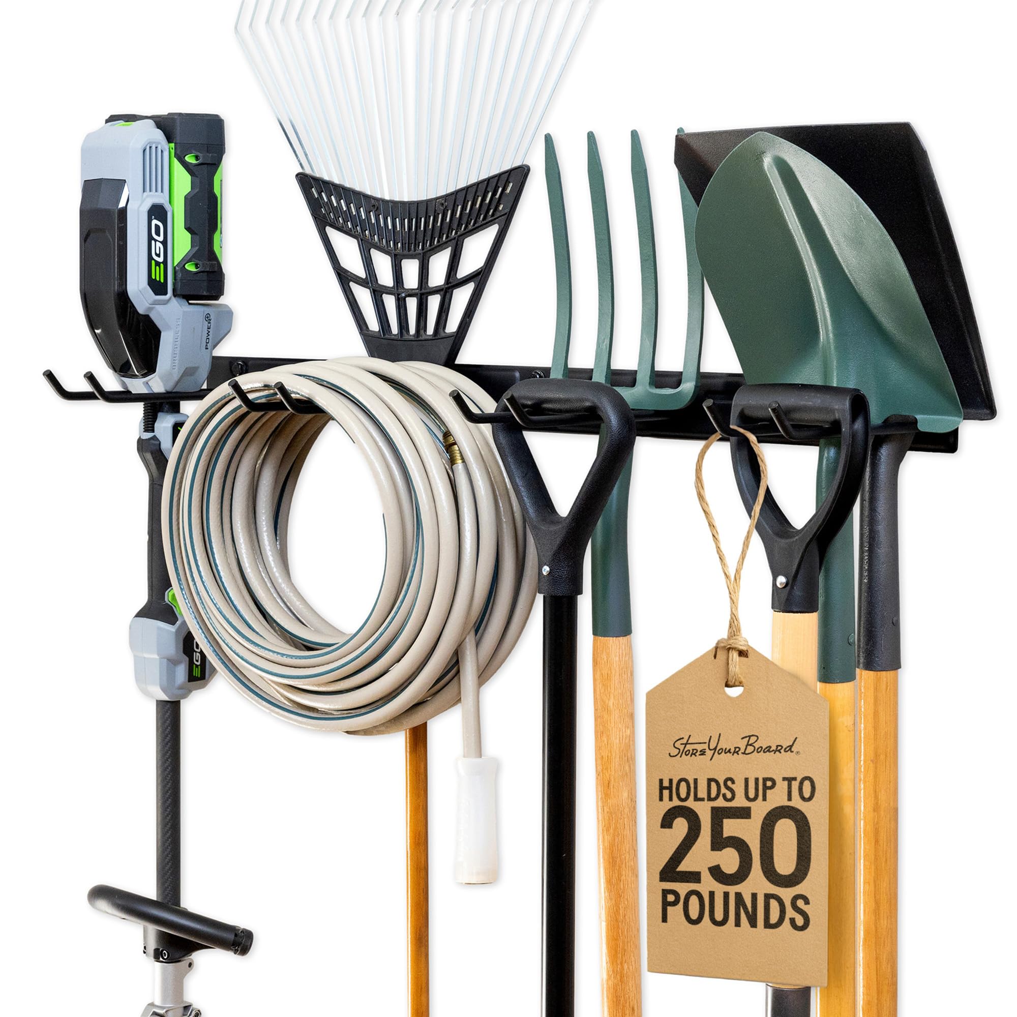 StoreYourBoard wall-mounted rack with four hooks keeps tools organized and accessible.