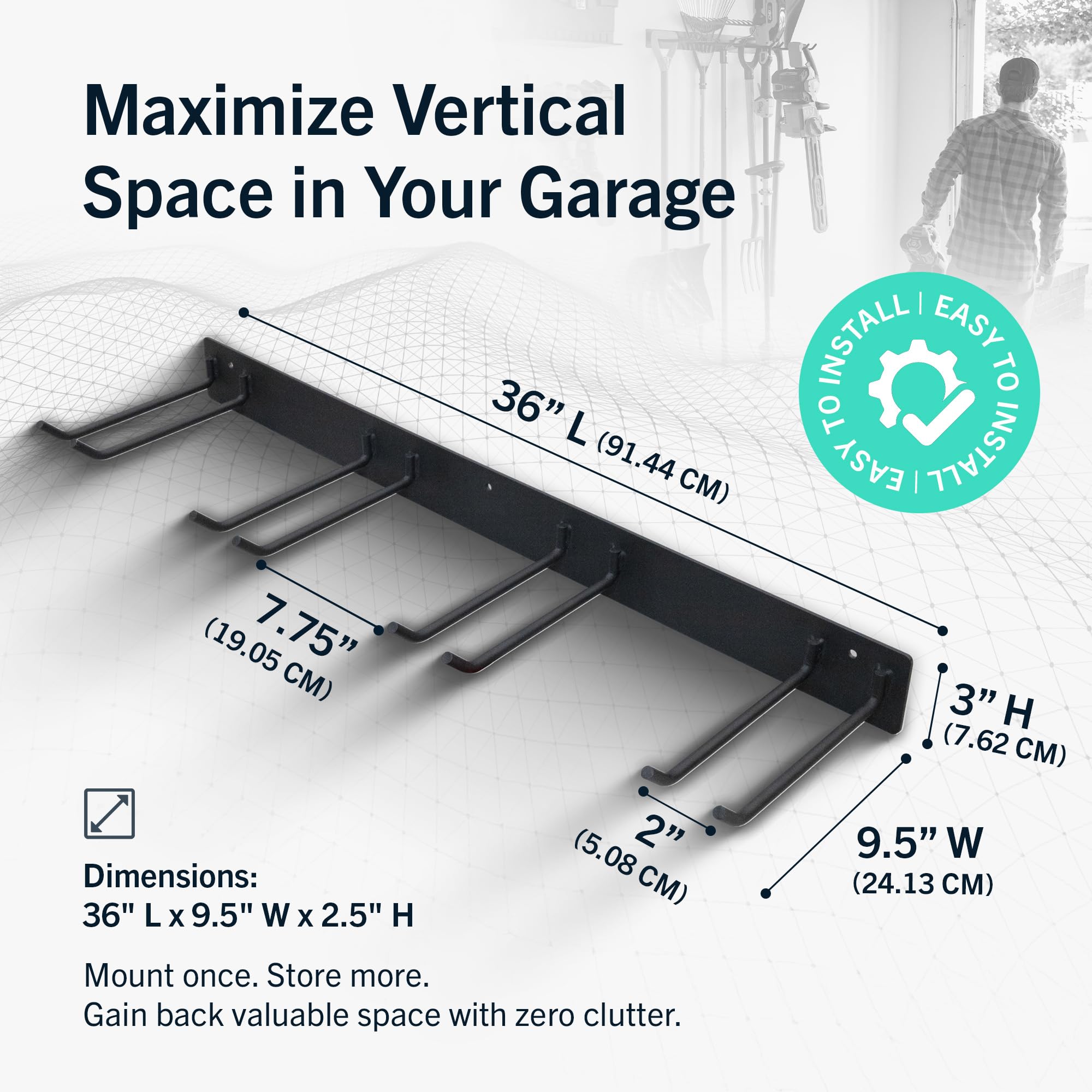 StoreYourBoard wall-mounted rack shown on wall for space-saving storage.