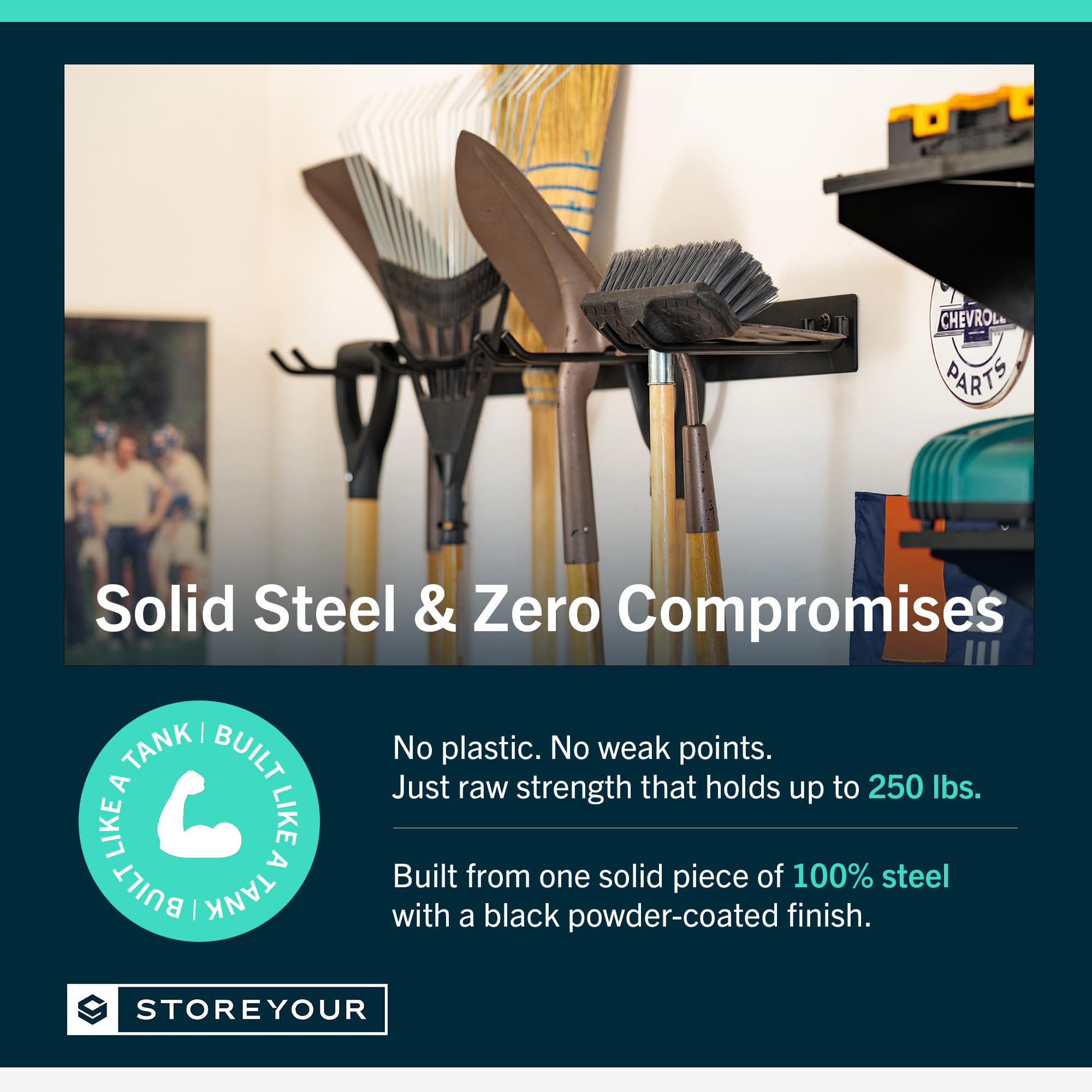 StoreYourBoard solid steel construction demonstrates durability for garage storage.