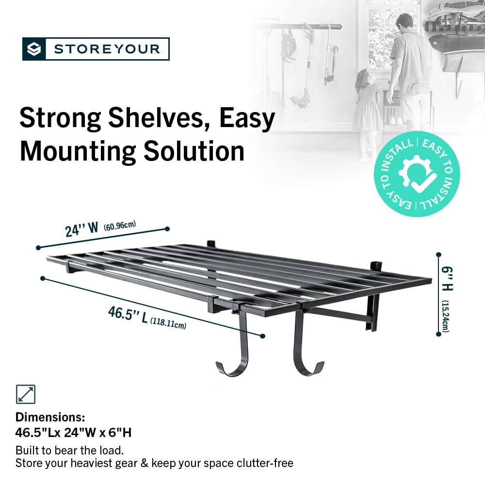 StoreYourBoard wall-mounted shelves with hooks for cords and bags