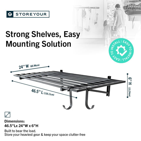 StoreYourBoard wall-mounted shelves with hooks for cords and bags