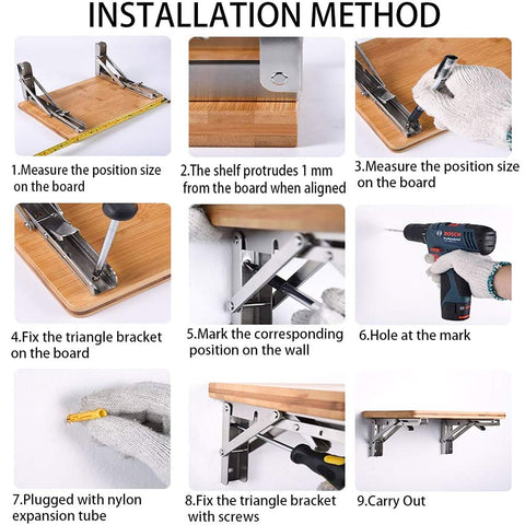 Storystore folding brackets supporting bookshelf or kitchen shelf configurations.