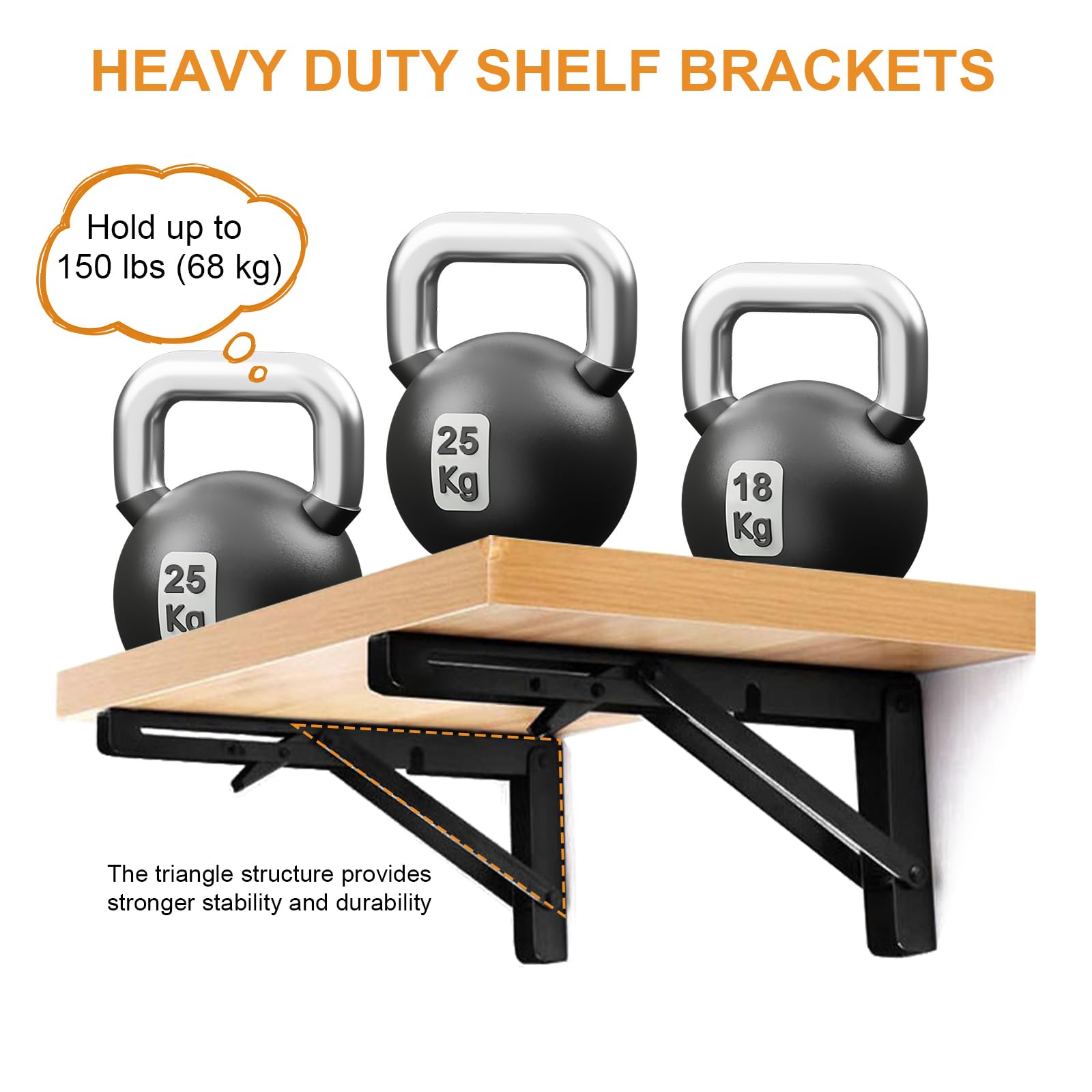 Storystore folding brackets triangular design provides sturdy wall shelf support.