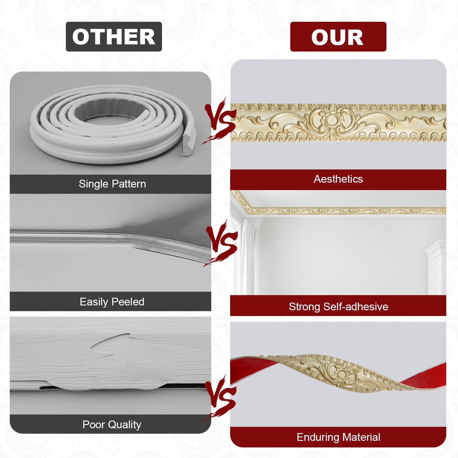 Storystore wall trim enhances mirror frames with champagne-gold detail