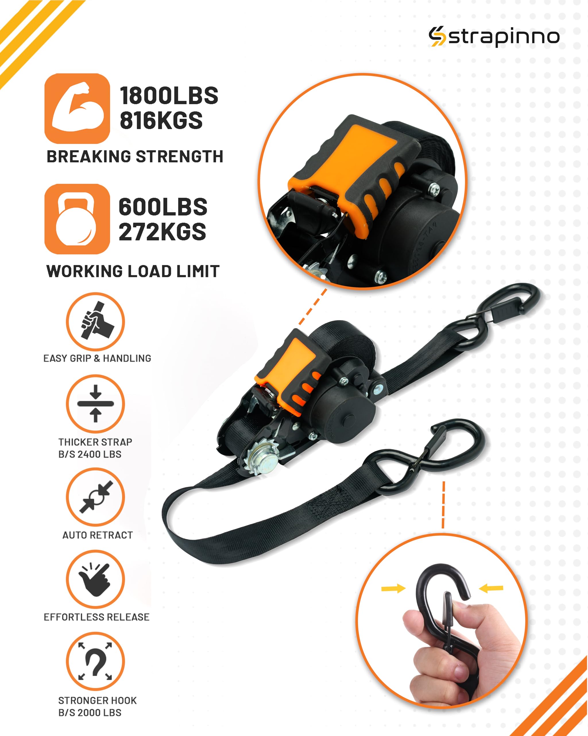 Strapinno easy-open ratchet handle enables fast setup.