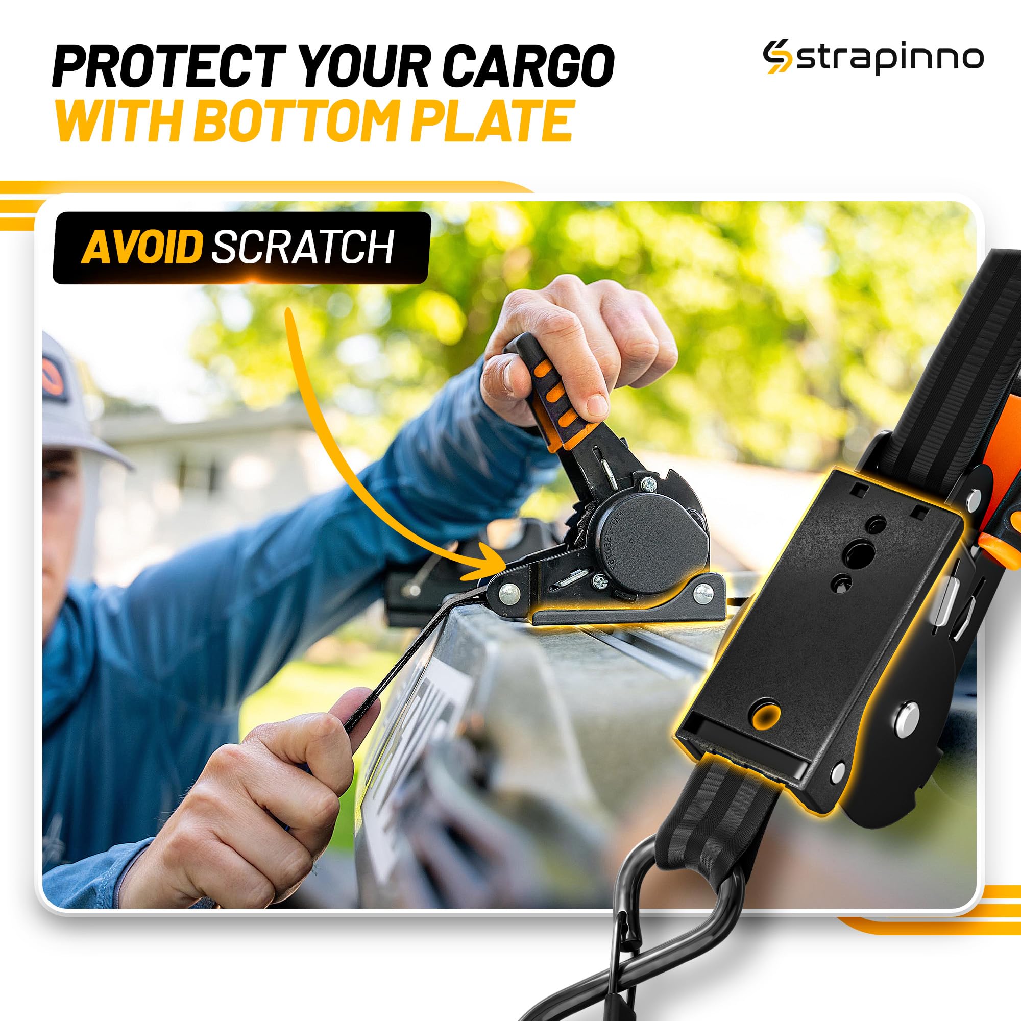 Strapinno jetski-transport-ready strap keeps boat on trailer on rough roads.