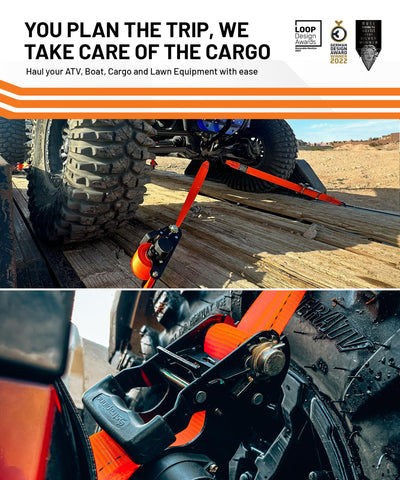 Strapinno two-pack secures motorcycles, ATVs, UTVs, and lawn gear.