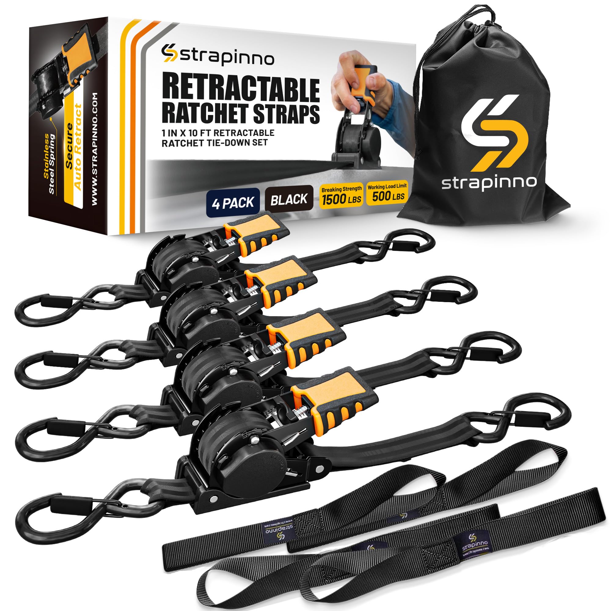 Strapinno retractable ratchet strap 1in x 10ft with black strap provides quick, tangle-free securing.