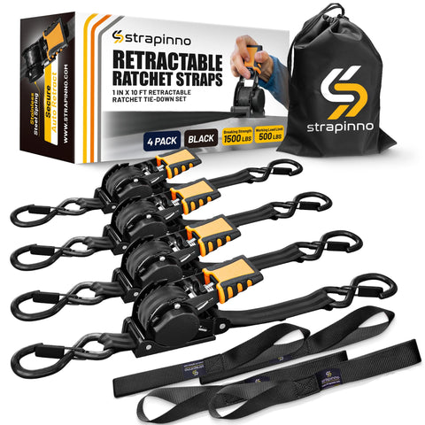 Strapinno retractable ratchet strap 1in x 10ft with black strap provides quick, tangle-free securing.