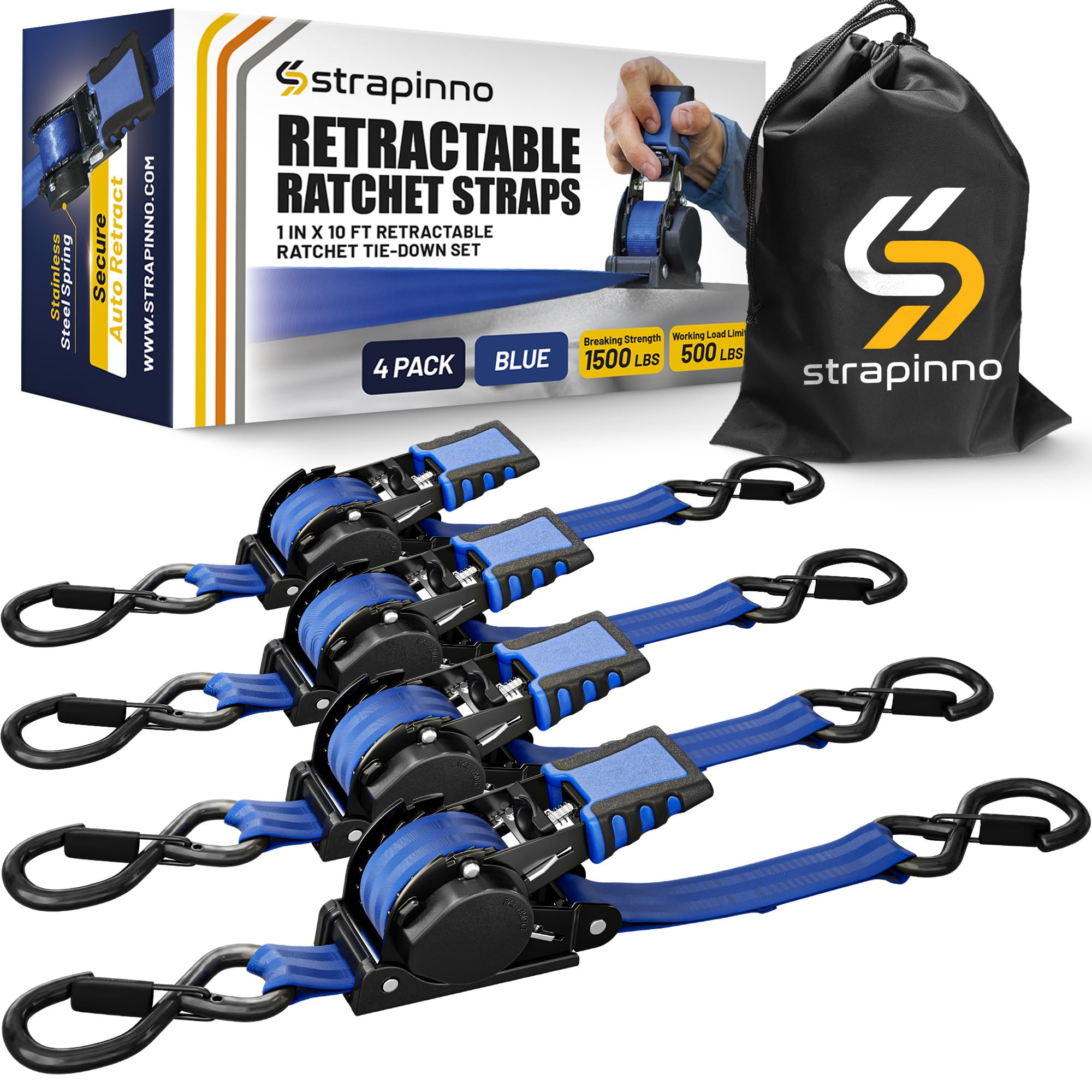 Strapinno retractable ratchet strap in blue with rubber-coated handle securing motorcycle transport