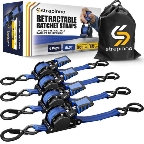 Strapinno retractable ratchet strap in blue with rubber-coated handle securing motorcycle transport