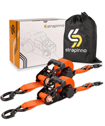 Strapinno retractable ratchet strap in orange for quick, tangle-free securing of cargo.