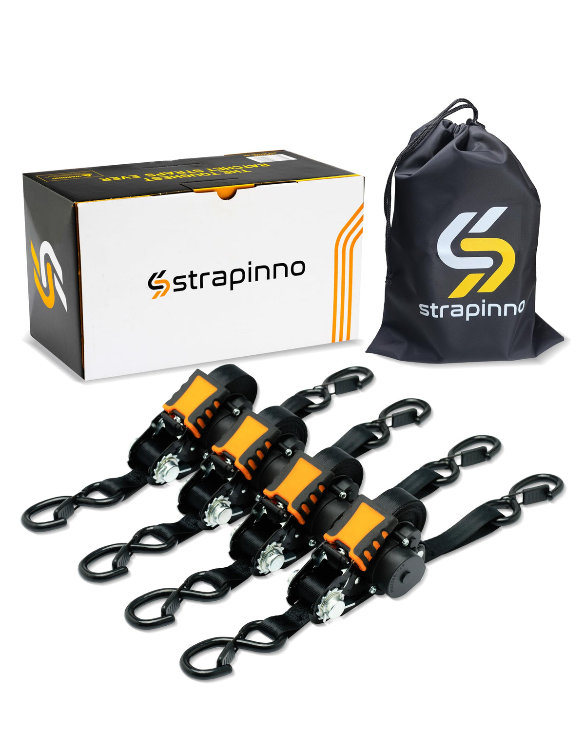 Strapinno retractable ratchet strap with auto-retract action for quick, tidy securing.