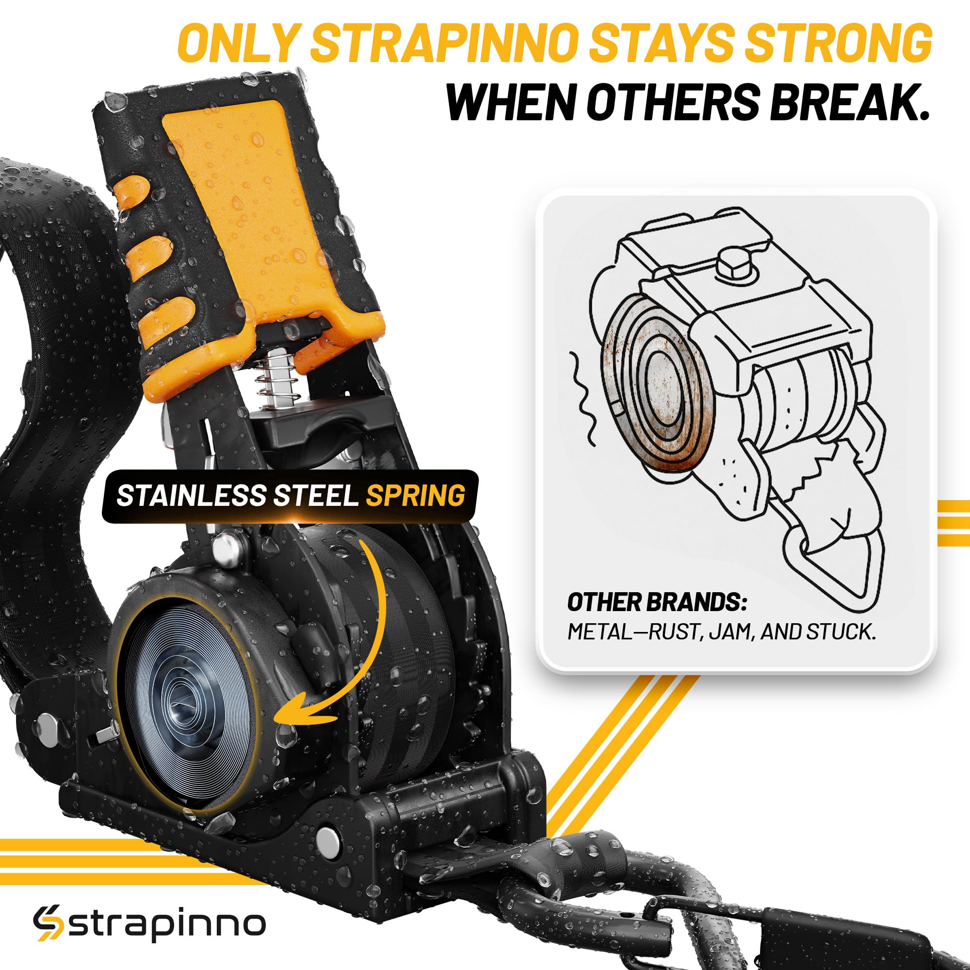 Strapinno secure-load-on-truck-bed demonstrates dependable transport for motorcycle or kayak.