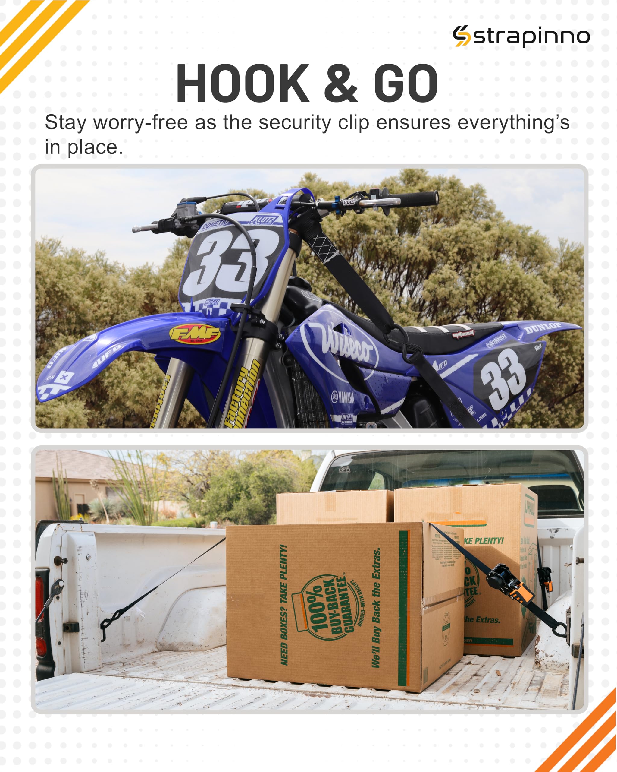 Strapinno ideal for motorcycles, kayaks, boats, and cargo.