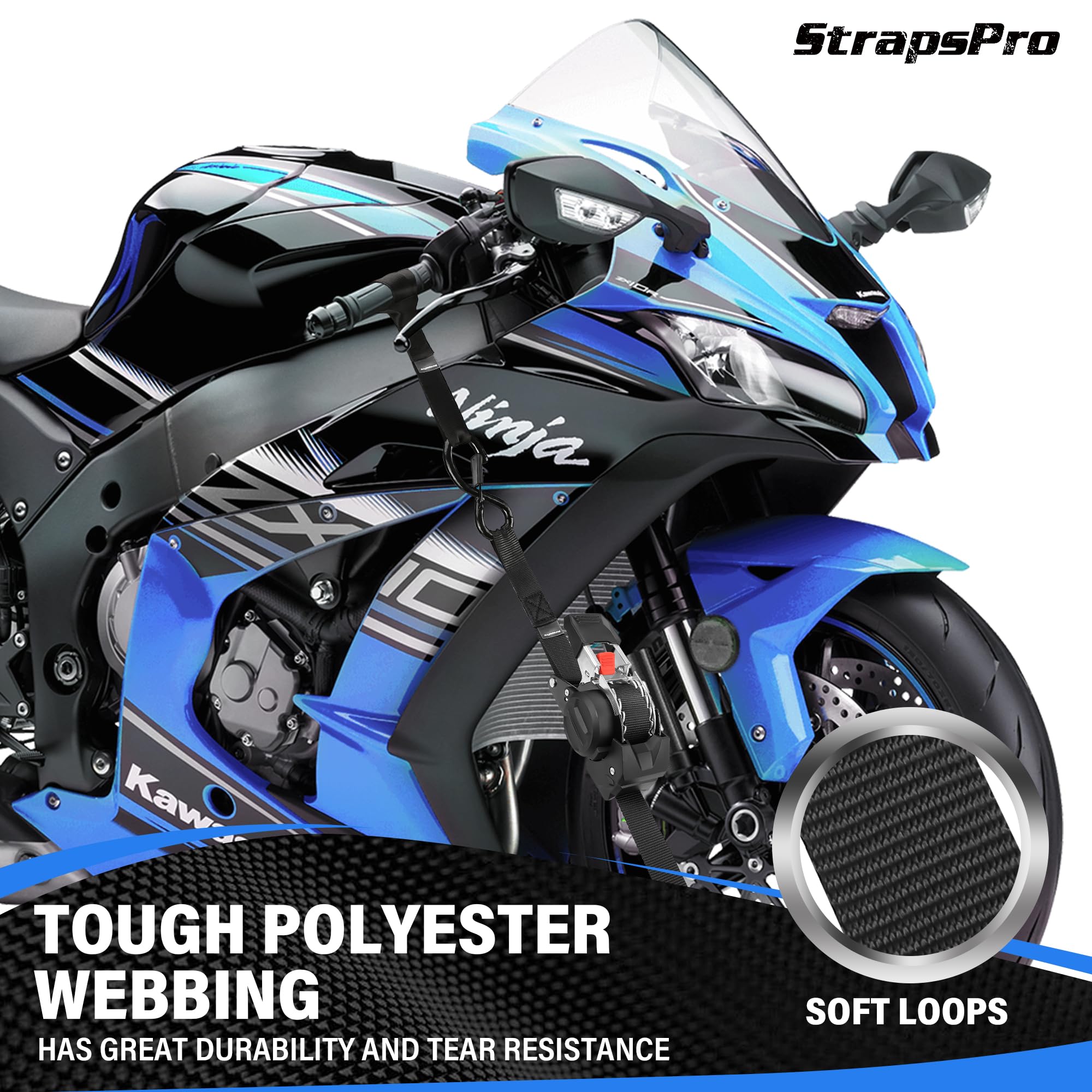 StrapsPro soft loops guard delicate handlebars during tie-downs.