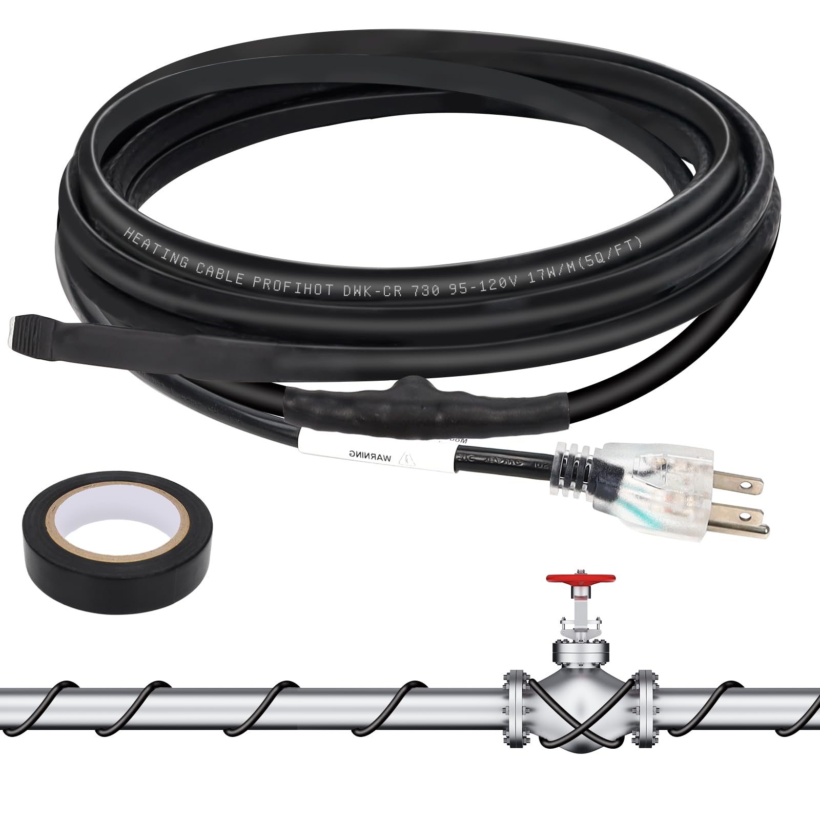 Strdfeve 12ft heating cable wrapped around a pipe with thermostat control for warmth