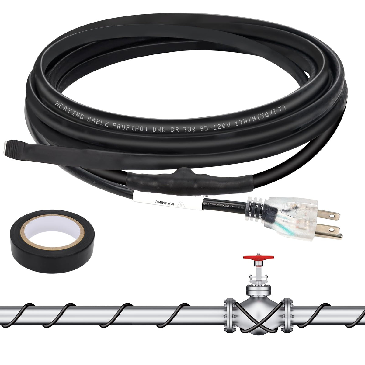 Strdfeve 12ft heating cable wrapped around a pipe with thermostat control for warmth
