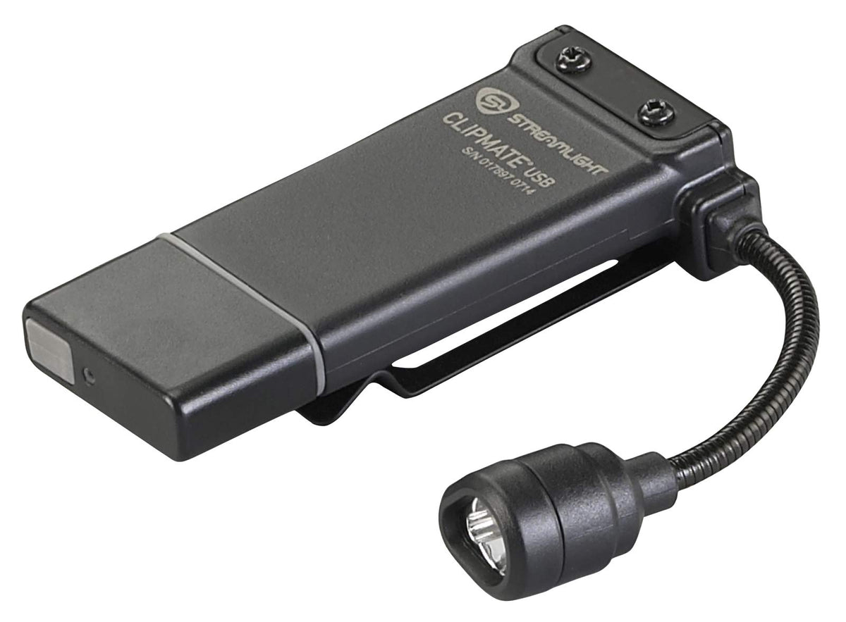Streamlight ClipMate clip-on light secured for hands-free illumination.