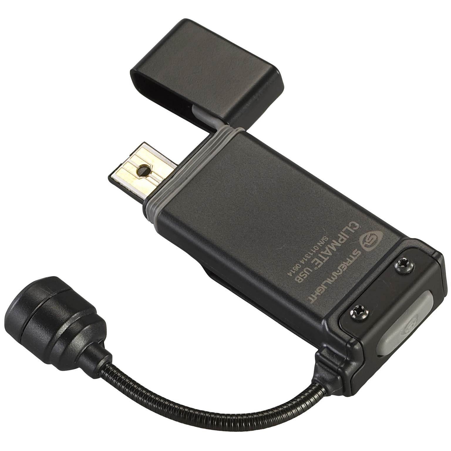 Streamlight ClipMate built-in USB charger tab enables cable-free recharging.