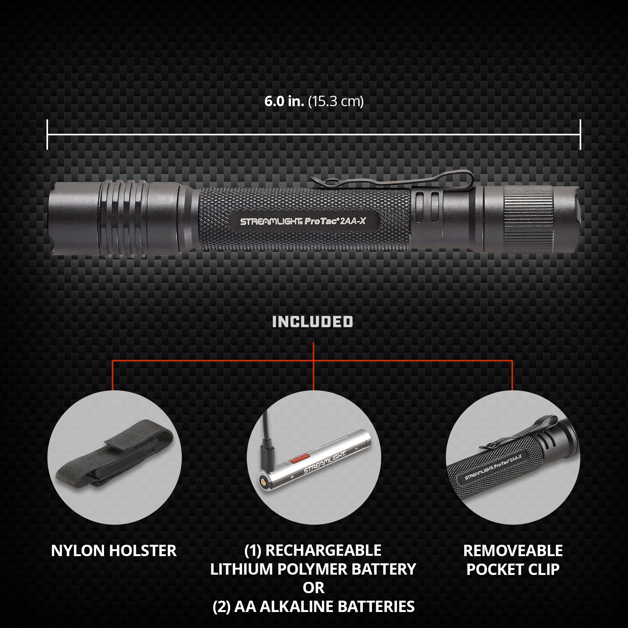 Streamlight ProTac 2AA-X knurled grip; secure grip and anti-roll design.