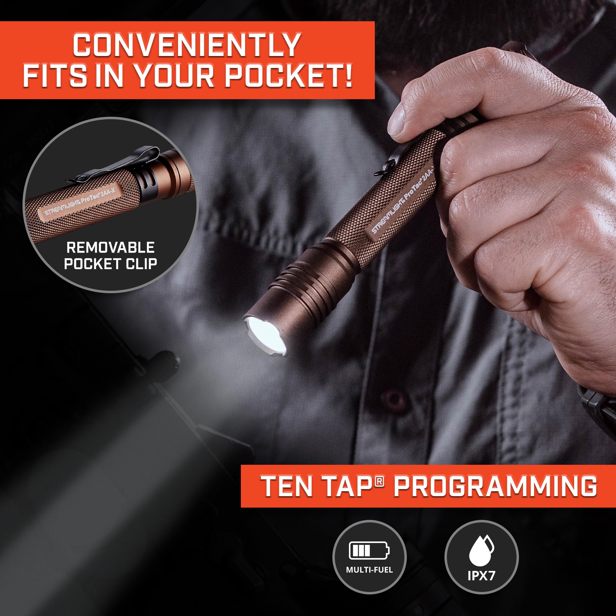 Streamlight ProTac 2AA-X removable pocket clip for quick-access carry.
