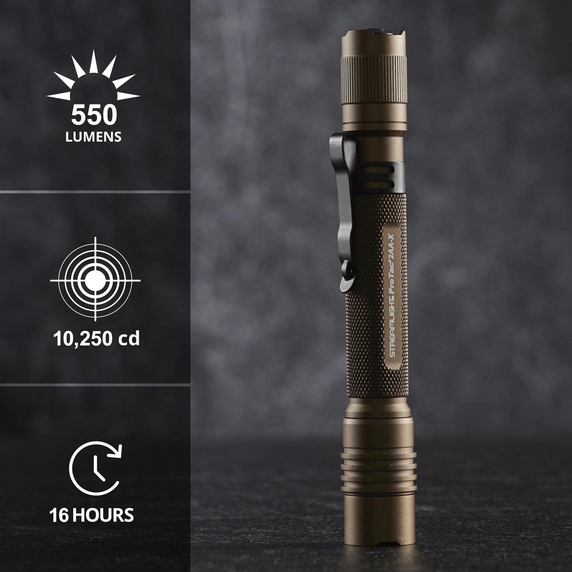 Streamlight ProTac 2AA-X tail-cap switch for momentary or constant-on operation.