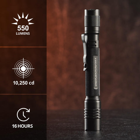 Streamlight ProTac 2AA-X tail-cap switch; one-handed momentary and constant operation.