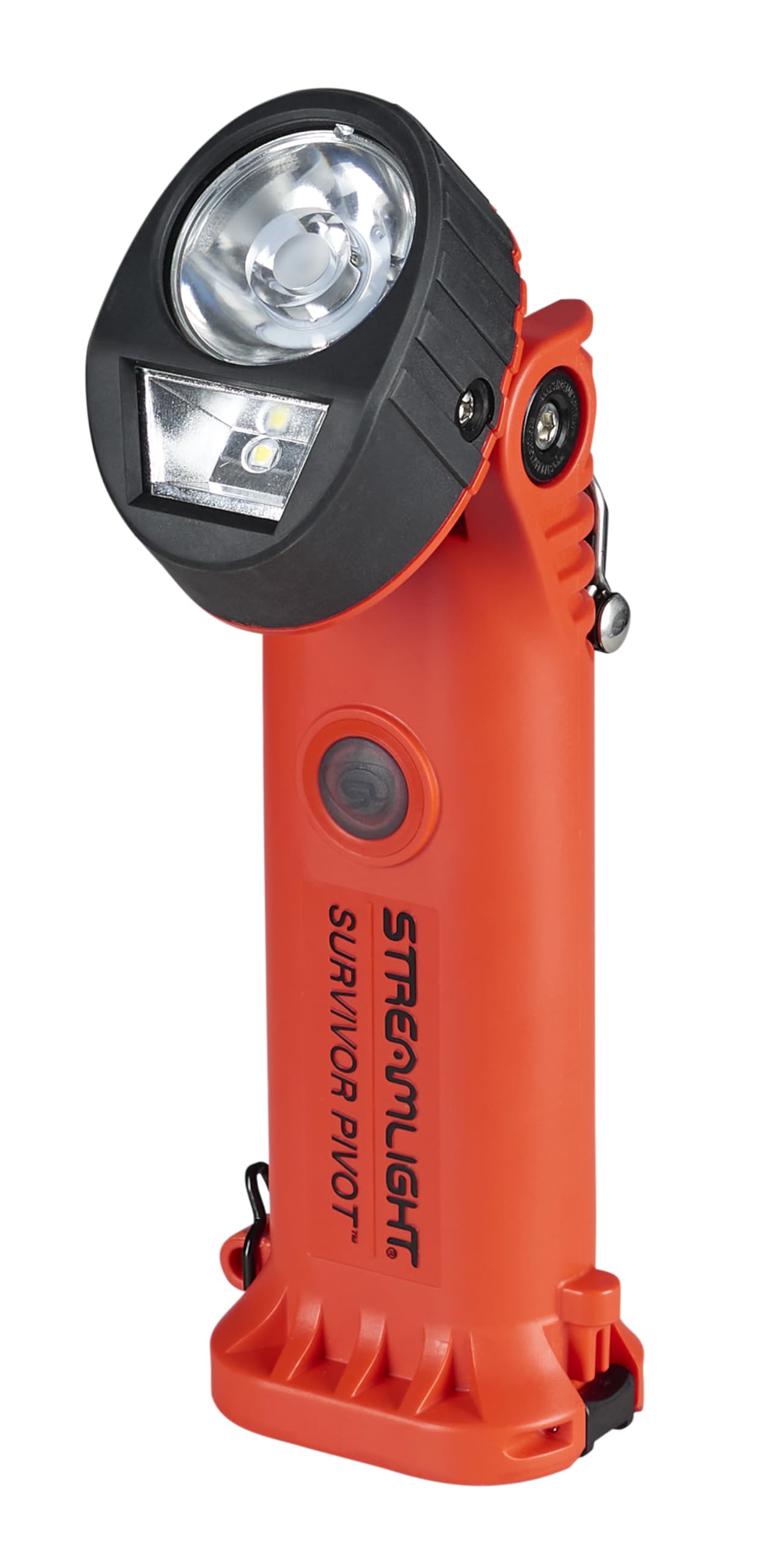 Streamlight Survivor Pivot front view in orange, rugged work flashlight built to endure harsh conditions.