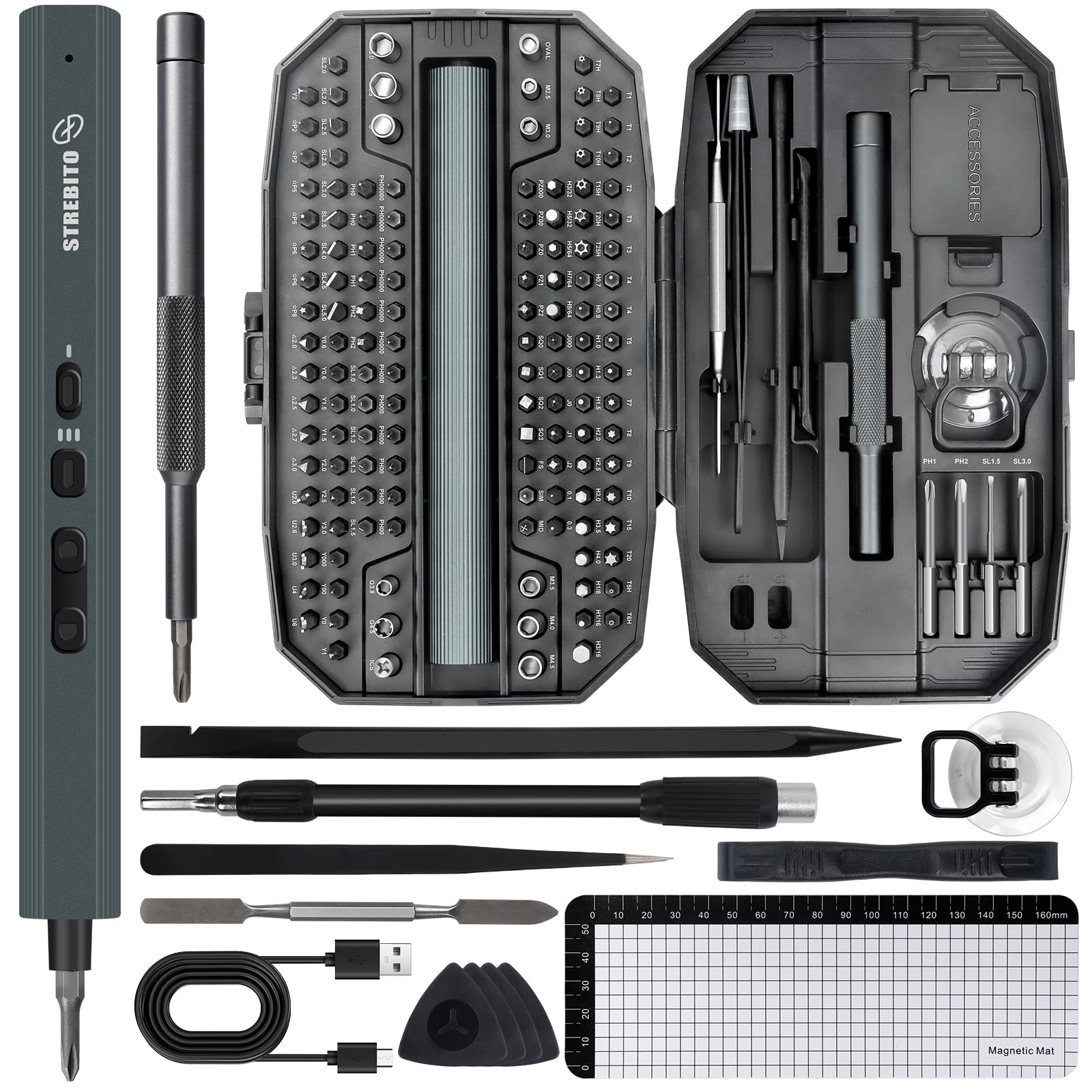 STREBITO 155-in-1 electric screwdriver kit front view with organized bits for fast repairs